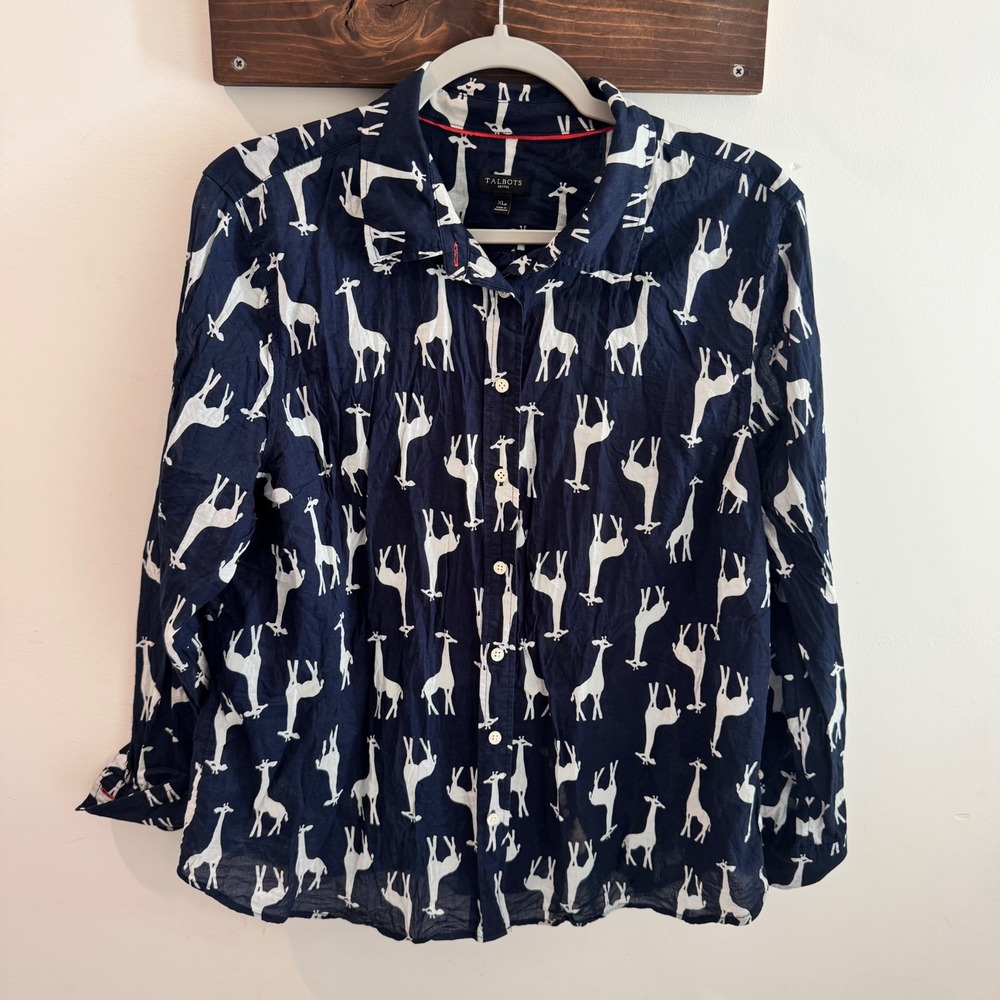 Talbots Petites Navy Blue White Giraffe Print Cotton Button Down Shirt XL P